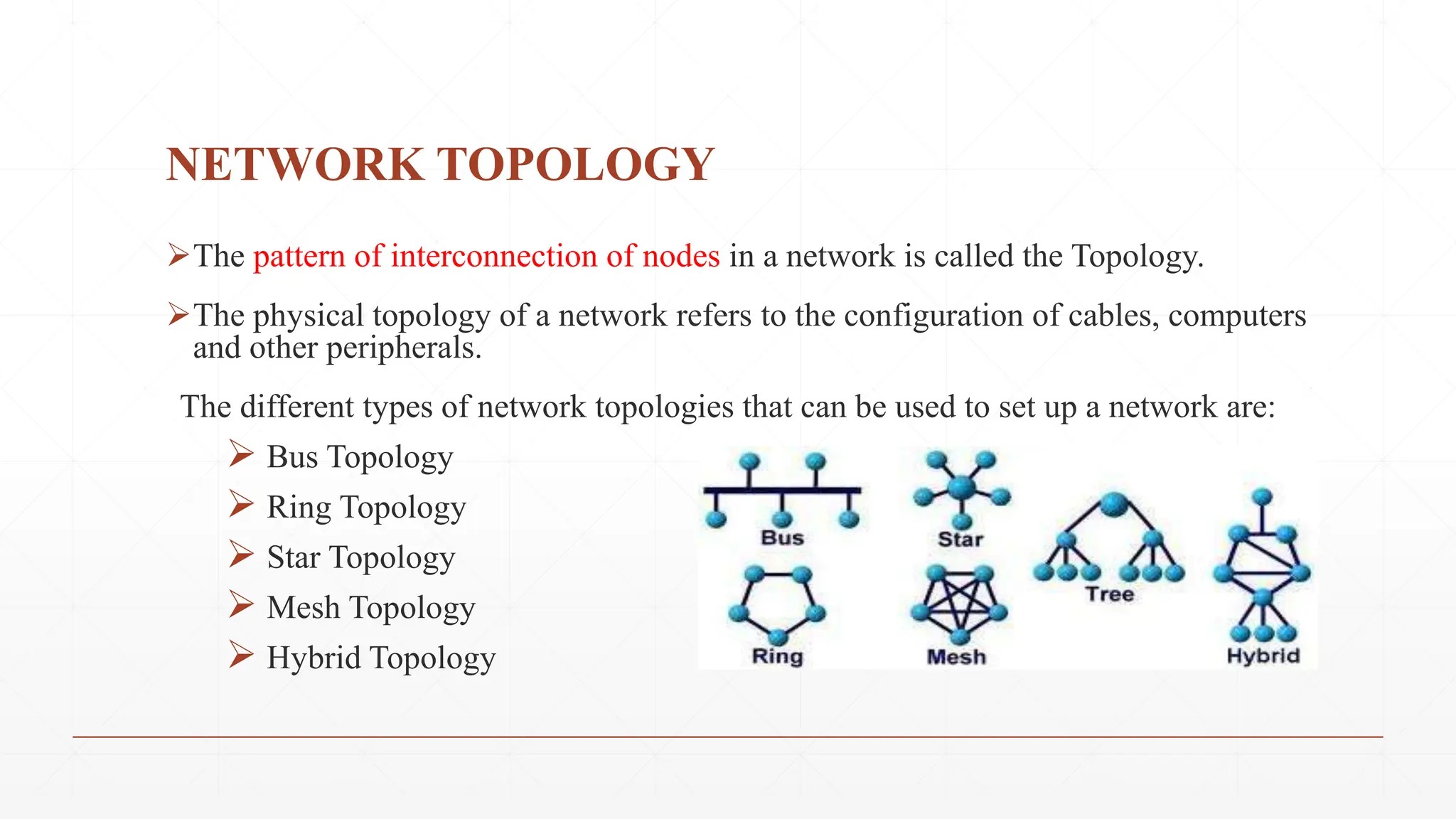 NETWORK TOPOLOGY
The pattern of interconnection of nodes in a network is called the Topology.
The physical topology of a network refers to the configuration of cables, computers
and other peripherals.
The different types of network topologies that can be used to set up a network are:
 Bus Topology
 Ring Topology
 Star Topology
 Mesh Topology
 Hybrid Topology
 