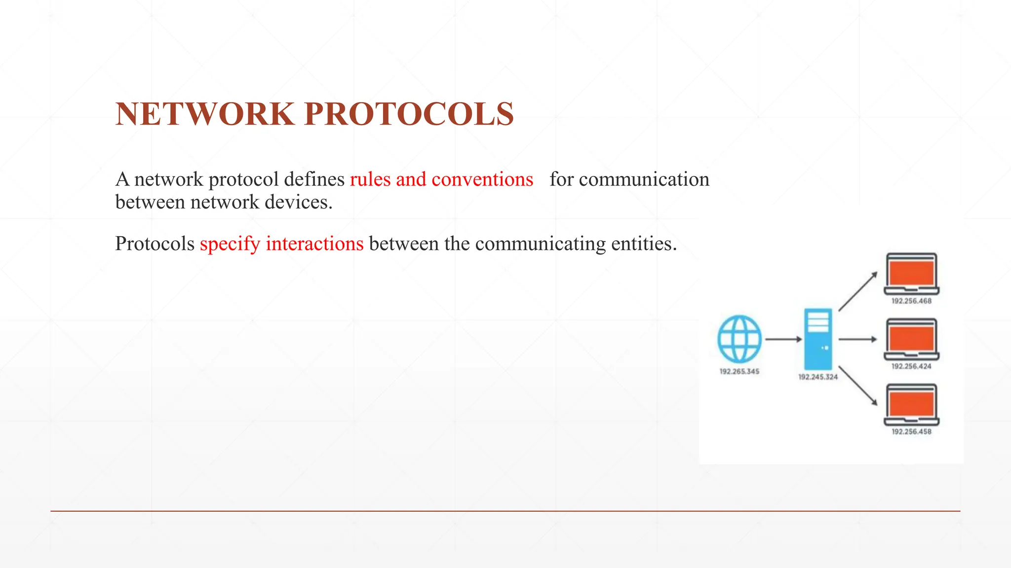 NETWORK PROTOCOLS
A network protocol defines rules and conventions for communication
between network devices.
Protocols specify interactions between the communicating entities.
 