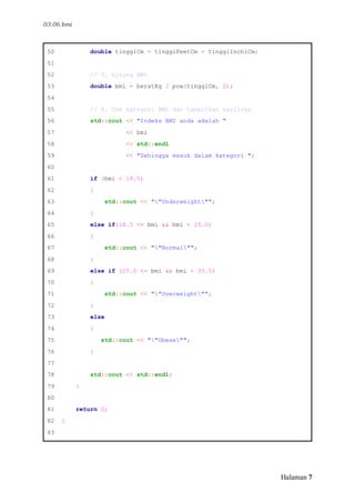 03.06. Menentukan Body Mass Index Menggunakan Bahasa Pemrograman C++ | PDF