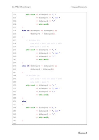 03.07.SortThreeIntegers #bayuyudhasaputra
Halaman 9
129 std::cout << bilangan1 << ", "
130 << bilangan3 << ", dan "
131 << bilangan2 << "."
132 << std::endl;
133 }
134 else if((bilangan1 == bilangan3) &&
135 (bilangan1 > bilangan2))
136 {
137 /* Pilihan 10:
138 Jika bil1 = bil3 dan bil1 > bil2
139 maka bil3 > bil2 */
140 std::cout << bilangan2 << ", "
141 << bilangan1 << ", dan "
142 << bilangan3 << "."
143 << std::endl;
144 }
145 else if((bilangan2 == bilangan3) &&
146 (bilangan2 < bilangan1))
147 {
148 /* Pilihan 11:
149 Jika bil2 = bil3 dan bil2 < bil1
150 maka bil3 < bil1 */
151 std::cout << bilangan2 << ", "
152 << bilangan3 << ", dan "
153 << bilangan1 << "."
154 << std::endl;
155 }
156 else
157 {
158 std::cout << bilangan1 << ", "
159 << bilangan2 << ", dan "
160 << bilangan3 << "."
161 << std::endl;
162 }
163
 