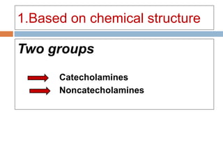 1.Based on chemical structure
Two groups
Catecholamines
Noncatecholamines
 