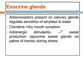 Exocrine glands
 Adrenoceptors present on salivary glands
regulate secretion of amylase & water
 Clonidine =dry mouth symptom
 Adrenergic stimulants- -- sweat
production (apocrine sweat glands on
palms of hands) during stress
 