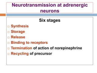 Neurotransmission at adrenergic
neurons
Six stages
 Synthesis
 Storage
 Release
 Binding to receptors
 Termination of action of norepinephrine
 Recycling of precursor
 