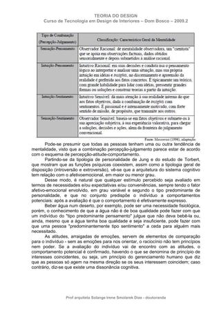 TEORIA DO DESIGN
Curso de Tecnologia em Design de Interiores – Dom Bosco – 2009.2
Prof arquiteta Solange Irene Smolarek Dias - doutoranda
Pode-se presumir que todas as pessoas tenham uma ou outra tendência de
mentalidade, visto que a combinação percepção-julgamento parece estar de acordo
com o esquema de percepção-atitude-comportamento.
Partindo-se da tipologia de personalidade de Jung e do estudo de Torbert,
que mostram que as funções psíquicas coexistem, assim como a tipologia geral de
disposição (introversão e extroversão), vê-se que a arquitetura do sistema cognitivo
tem relação com o afetivoemocional, em maior ou menor grau.
Desse modo, é natural que qualquer estímulo percebido seja avaliado em
termos de necessidades e/ou expectativas e/ou conveniências, sempre tendo o fator
afetivo-emocional envolvido, em grau variável e segundo o tipo predominante de
personalidade, e que no conjunto predispõe o indivíduo a comportamentos
potenciais: após a avaliação é que o comportamento é efetivamente expresso.
Beber água num deserto, por exemplo, pode ser uma necessidade fisiológica,
porém, o conhecimento de que a água não é de boa qualidade pode fazer com que
um indivíduo do "tipo predominante pensamento" julgue que não deva bebê-la ou,
ainda, mesmo que a água tenha boa qualidade e seja insuficiente, pode fazer com
que uma pessoa "predominantemente tipo sentimento" a ceda para alguém mais
necessitado.
As atitudes, arraigadas de emoções, servem de elementos de comparação
para o indivíduo - sem as emoções para nos orientar, o raciocínio não tem princípios
nem poder. Se a avaliação do indivíduo vai de encontro com as atitudes, o
comportamento potencial é confirmado, havendo o que se denomina de princípio de
interesses coincidentes, ou seja, um princípio do gerenciamento humano que diz
que as pessoas só agem na mesma direção se os seus interessem coincidem; caso
contrário, diz-se que existe uma dissonância cognitiva.
 