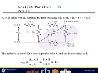 RB is in series with R5 therefore the total resistance will be RB + R5 = 4 + 4 = 8Ω
This resistive value of 8Ω is now in parallel with R4 and can be calculated as RC
Se r i e s& Par a l l e l Ci
rc ui t s
 