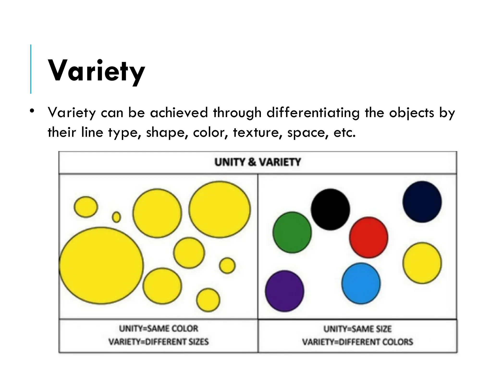 • Variety can be achieved through differentiating the objects by
their line type, shape, color, texture, space, etc.
Variety
 