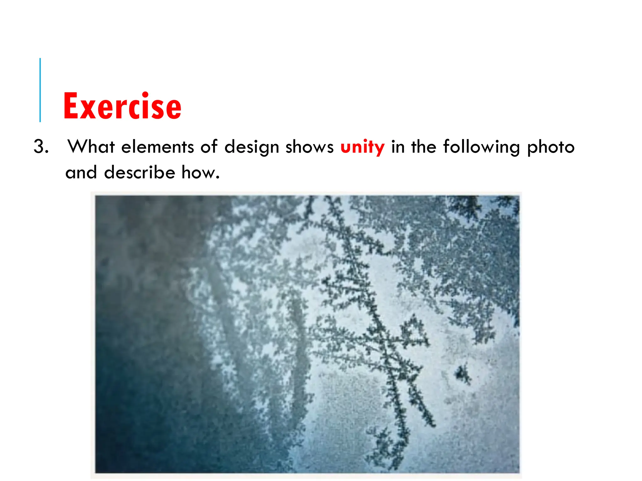3. What elements of design shows unity in the following photo
and describe how.
Exercise
 