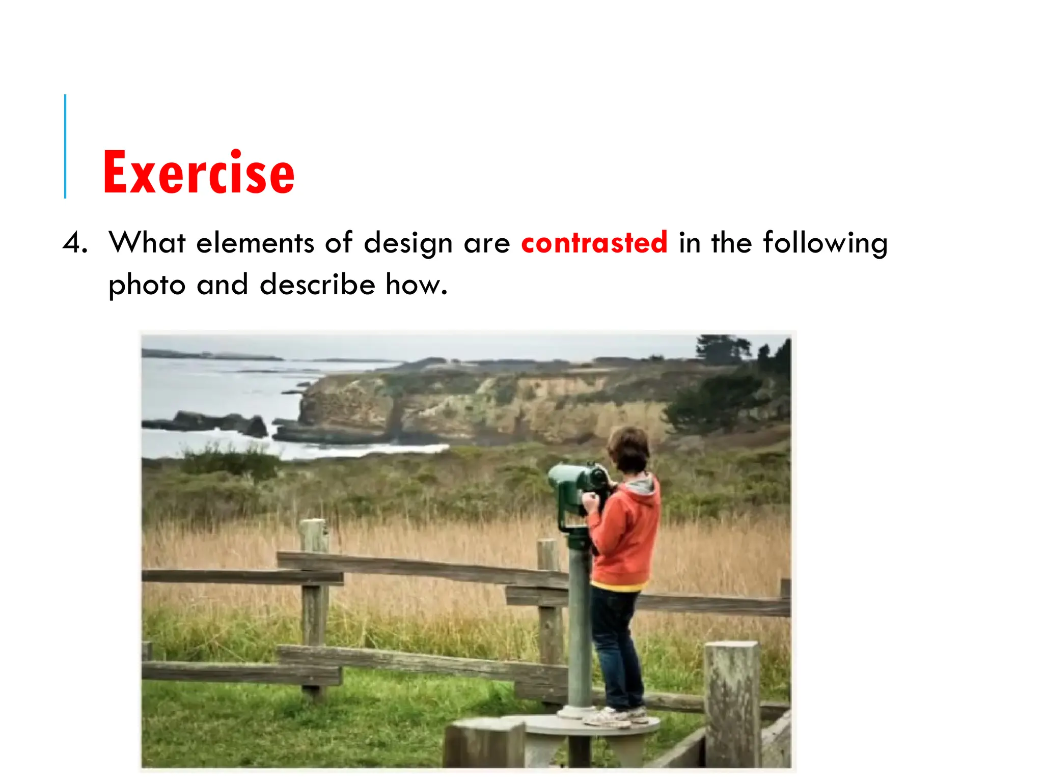 4. What elements of design are contrasted in the following
photo and describe how.
Exercise
 