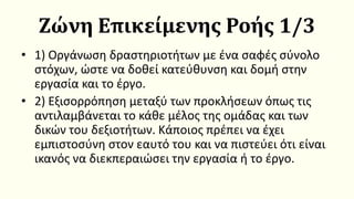 Ζώνη Επικείμενης Ροής 1/3
• 1) Οργάνωση δραστηριοτήτων με ένα σαφές σύνολο
στόχων, ώστε να δοθεί κατεύθυνση και δομή στην
εργασία και το έργο.
• 2) Εξισορρόπηση μεταξύ των προκλήσεων όπως τις
αντιλαμβάνεται το κάθε μέλος της ομάδας και των
δικών του δεξιοτήτων. Κάποιος πρέπει να έχει
εμπιστοσύνη στον εαυτό του και να πιστεύει ότι είναι
ικανός να διεκπεραιώσει την εργασία ή το έργο.
 