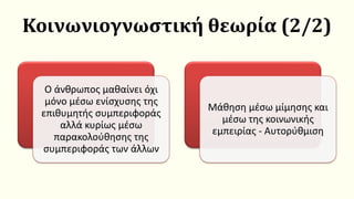 Κοινωνιογνωστική θεωρία (2/2)
Ο άνθρωπος μαθαίνει όχι
μόνο μέσω ενίσχυσης της
επιθυμητής συμπεριφοράς
αλλά κυρίως μέσω
παρακολούθησης της
συμπεριφοράς των άλλων
Μάθηση μέσω μίμησης και
μέσω της κοινωνικής
εμπειρίας - Αυτορύθμιση
 