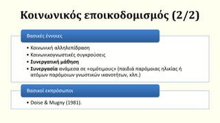 Κοινωνικός εποικοδομισμός (2/2)
• Κοινωνική αλληλεπίδραση
• Κοινωνικογνωστικές συγκρούσεις
• Συνεργατική μάθηση
• Συνεργασία ανάμεσα σε «ομότιμους» (παιδιά παρόμοιας ηλικίας ή
ατόμων παρόμοιων γνωστικών ικανοτήτων, κλπ.)
Βασικές έννοιες
• Doise & Mugny (1981).
Βασικοί εκπρόσωποι
 