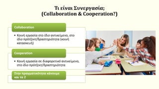 Τι είναι Συνεργασία;
(Collaboration & Cooperation?)
• Κοινή εργασία στο ίδιο αντικείμενο, στο
ίδιο πρότζεκτ/δραστηριότητα (κοινή
κατασκευή)
Collaboration
• Κοινή εργασία σε διαφορετικό αντικείμενο,
στο ίδιο πρότζεκτ/δραστηριότητα
Cooperation
Στην πραγματικότητα κάνουμε
και τα 2
 