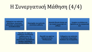 Η Συνεργατική Μάθηση (4/4)
Ενθαρρύνει την ανάπτυξη
δεξιοτήτων: γνωστικών,
γλωσσικών, συνεργατικών
και διαδικτυακών
Υποστηρίζει την ανάπτυξη
κοινοτήτων μάθησης
Αποτελεί θετικό κίνητρο για
την ενεργό συμμετοχή στο
μάθημα
Ενισχύει τη σύνδεση του
σχολείου με την πραγματική
ζωή
Προωθεί την αρχή της
σταδιακής αυτονόμησης
(μάθηση μέσω της
εξερεύνησης και της
επικοινωνίας, διαμόρφωση
άποψης, καλλιέργεια
κριτικής σκέψης, 4Cs)
Προωθεί την αρχή της
Εξατομικευμένης
Παιδαγωγικής
Ενθαρρύνει την ανάπτυξη
κουλτούρας συμμετοχής,
διαλόγου και συνεργασίας
 