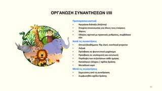 80
Προπαρασκευαστικά
• Ημερήσια διάταξη (Ατζέντα)
• Στοιχεία επικοινωνίας για όλους τους εταίρους
• Χάρτες
• Οδηγίες σχετικά με πρακτικές ρυθμίσεις, συμβόλαια
κλπ
Κατά τις συναντήσεις
• Οπτικά βοηθήματα: flip chart, overhead projector
• Λεξικά
• Πρόσβαση σε φωτοτυπικό μηχάνημα
• Πρόσβαση σε υπολογιστή και εκτυπωτή
• Περίληψη των συζητήσεων κάθε ημέρας
• Καταλόγων ελέγχου / σχέδια δράσης
• Μεταλλικό νερό
Μετά τις συναντήσεις
• Σημειώσεις από τη συνεδρίαση
• Συμφωνηθέν σχέδιο δράσης
ΟΡΓΑΝΩΣΗ ΣΥΝΑΝΤΗΣΕΩΝ Ι/ΙΙΙ
 