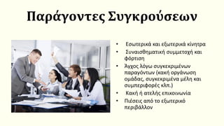 Παράγοντες Συγκρούσεων
• Εσωτερικά και εξωτερικά κίνητρα
• Συναισθηματική συμμετοχή και
φόρτιση
• Άγχος λόγω συγκεκριμένων
παραγόντων (κακή οργάνωση
ομάδας, συγκεκριμένα μέλη και
συμπεριφορές κλπ.)
• Κακή ή ατελής επικοινωνία
• Πιέσεις από το εξωτερικό
περιβάλλον
 