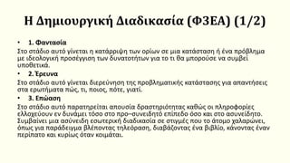 Η Δημιουργική Διαδικασία (Φ3ΕΑ) (1/2)
• 1. Φαντασία
Στο στάδιο αυτό γίνεται η κατάρριψη των ορίων σε μια κατάσταση ή ένα πρόβλημα
με ιδεολογική προσέγγιση των δυνατοτήτων για το τι θα μπορούσε να συμβεί
υποθετικά.
• 2. Έρευνα
Στο στάδιο αυτό γίνεται διερεύνηση της προβληματικής κατάστασης για απαντήσεις
στα ερωτήματα πώς, τι, ποιος, πότε, γιατί.
• 3. Επώαση
Στο στάδιο αυτό παρατηρείται απουσία δραστηριότητας καθώς οι πληροφορίες
ελλοχεύουν εν δυνάμει τόσο στο προ–συνειδητό επίπεδο όσο και στο ασυνείδητο.
Συμβαίνει μια ασύνειδη εσωτερική διαδικασία σε στιγμές που το άτομο χαλαρώνει,
όπως για παράδειγμα βλέποντας τηλεόραση, διαβάζοντας ένα βιβλίο, κάνοντας έναν
περίπατο και κυρίως όταν κοιμάται.
 