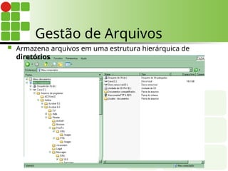 Gestão de Arquivos
 Armazena arquivos em uma estrutura hierárquica de
diretórios
 