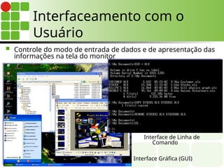 Interfaceamento com o
Usuário
 Controle do modo de entrada de dados e de apresentação das
informações na tela do monitor
Interface de Linha de
Comando
Interface Gráfica (GUI)
 
