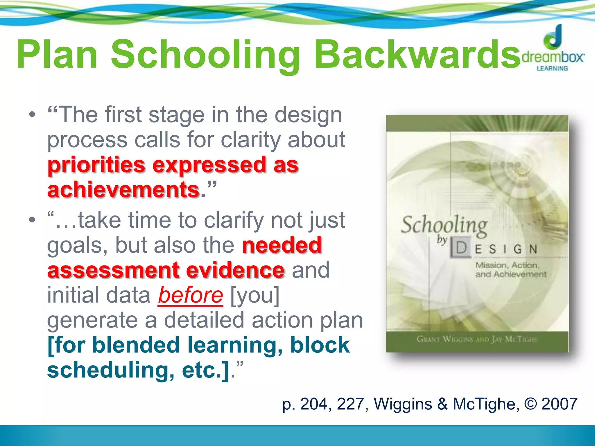 Plan Schooling Backwards
• “The first stage in the design
process calls for clarity about
priorities expressed as
achievements.”
• “…take time to clarify not just
goals, but also the needed
assessment evidence and
initial data before [you]
generate a detailed action plan
[for blended learning, block
scheduling, etc.].”
p. 204, 227, Wiggins & McTighe, © 2007
 