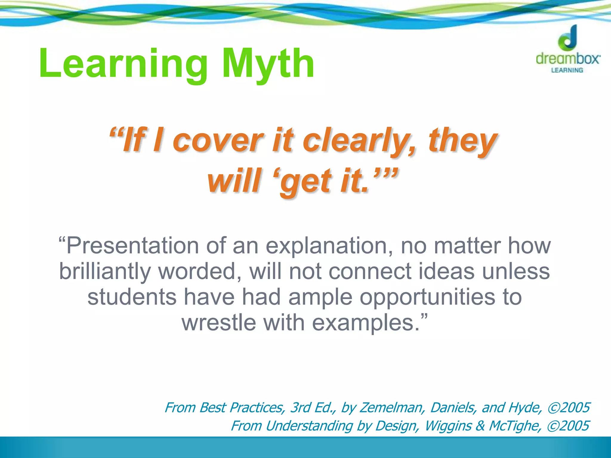 Learning Myth
“Presentation of an explanation, no matter how
brilliantly worded, will not connect ideas unless
students have had ample opportunities to
wrestle with examples.”
From Best Practices, 3rd Ed., by Zemelman, Daniels, and Hyde, ©2005
From Understanding by Design, Wiggins & McTighe, ©2005
“If I cover it clearly, they
will „get it.‟”
 