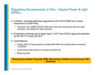 20Contains Forward-Looking Statements
Regulatory Developments in Ohio – Dayton Power & Light
(DP&L)
l  In March, reached settlement agreement with PUCO Staff and various
intervenors on ESP filing
„  Proposes rider (DMR) of $105 million per year over three years with two-year
extension, earmarked for debt reduction
l  Evidentiary hearings set to begin April 3, 2017 and PUCO approval expected
by Q2 2017 or early Q3 2017
l  Committed to:
„  Exiting 100% of coal capacity by selling 850 MW and shutting down remaining
1,200 MW
„  Continuing to take actions to reduce business risk
„  Reducing debt
Taking Active Steps Towards DP&L Becoming a Stable and Growing T&D
Business
 