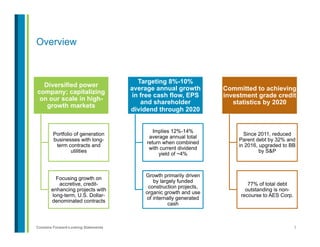 3Contains Forward-Looking Statements
Overview
Diversified power
company; capitalizing
on our scale in high-
growth markets
Portfolio of generation
businesses with long-
term contracts and
utilities
Focusing growth on
accretive, credit-
enhancing projects with
long-term, U.S. Dollar-
denominated contracts
Targeting 8%-10%
average annual growth
in free cash flow, EPS
and shareholder
dividend through 2020
Implies 12%-14%
average annual total
return when combined
with current dividend
yield of ~4%
Growth primarily driven
by largely funded
construction projects,
organic growth and use
of internally generated
cash
Committed to achieving
investment grade credit
statistics by 2020
Since 2011, reduced
Parent debt by 32% and
in 2016, upgraded to BB
by S&P
77% of total debt
outstanding is non-
recourse to AES Corp.
 