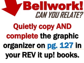Bellwork!
         CAN YOU RELATE?
   Quietly copy AND
 complete the graphic
organizer on pg. 127 in
 your REV it up! books.
 