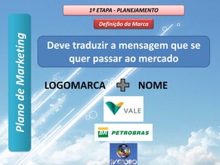 1ª ETAPA - PLANEJAMENTODefinição de Público-AlvoIdentificar a parte da população que você deseja oferecer seus produtos/serviços.Geográfico – bairro, cidade, estado, país, planeta, sistema solar, galáxia, dimensão etc...Demográfico – idade, sexo, profissão, renda, etnia, educação, ramo de atividade, tamanho da empresa, localização etc...Psicográfico – estilo de vida, atitude, grupo socialComportamental – Hábitos de consumo, frequência de consumo, sensível a preço, qualidade, prazo, atendimento, localização, segurança, etc. (Segmentação de Mercado)Plano de Marketing