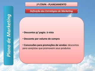 1ª ETAPA - PLANEJAMENTOSumárioExecutivoAnálise de AmbienteDefinição de Público-AlvoDefinição do Posicionamento de MercadoPlano de MarketingDefinição da MarcaDefinição dos Objetivos e MetasDefinição das Estratégias de Marketing2ª ETAPA - IMPLEMENTAÇÃO3ª ETAPA – AVALIAÇÃO E CONTROLE