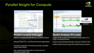 Parallel Nsight for Compute




                      Parallel Compute Debugger                              System Analyzer (Pro only)
                      Examine compute kernels directly on GPU hardware       Capture and visualize CPU and GPU level events on a
                                                                             single correlated timeline
                      Debug CUDA C/C++ and DirectCompute applications        Inspect workload dependencies using the Timeline View
                                                                             Profile CUDA kernels using GPU performance counters
                      Visualize thousands of threads executing in parallel
                      using Visual Studio

NVIDIA Confidential
                      Use conditional breakpoints to correct errors in
                      massively parallel code
 