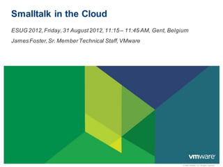 Smalltalk in the Cloud
ESUG 2012, Friday, 31 August 2012, 11:15 – 11:45 AM, Gent, Belgium
James Foster, Sr. Member Technical Staff, VMware




                                                               © 2009 VMware Inc. All rights reserved
 