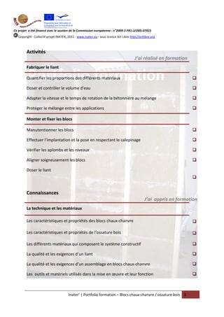 Ce projet a été financé avec le soutien de la Commission européenne : n°2009-1-FR1-LEO05-07415
   Copyright - Collectif projet INATER, 2011 - www.inater.eu - sous licence Art Libre http://artlibre.org



         Activités
                                                                                         J’ai réalisé en formation
         Fabriquer le liant

         Quantifier les proportions des différents matériaux

         Doser et contrôler le volume d'eau

         Adapter la vitesse et le temps de rotation de la bétonnière au mélange

         Protéger le mélange entre les applications

         Monter et fixer les blocs

         Manutentionner les blocs

         Effectuer l’implantation et la pose en respectant le calepinage

         Vérifier les aplombs et les niveaux

         Aligner soigneusement les blocs

         Doser le liant




         Connaissances
                                                                                                 J’ai appris en formation
         La technique et les matériaux

         Les caractéristiques et propriétés des blocs chaux-chanvre

         Les caractéristiques et propriétés de l’ossature bois

         Les différents matériaux qui composent le système constructif

         La qualité et les exigences d’un liant

         La qualité et les exigences d’un assemblage en blocs chaux-chanvre

         Les outils et matériels utilisés dans la mise en œuvre et leur fonction



                                        Inater’ | Portfolio formation – Blocs chaux-chanvre / ossature bois        5
 