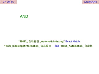 AND “ 59683_ 自动标引 _Automaticindexing”   Exact Match   11729_Indexingofinformation_ 信息编目  and   15855_Automation_ 自动化  7 th  AOS Methods 