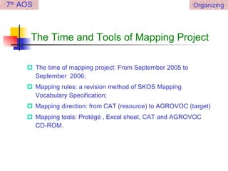 The Time and Tools of Mapping Project The time of mapping project: From September 2005 to September  2006; Mapping rules:  a revision method of SKOS Mapping Vocabulary Specification;   Mapping direction: from CAT (resource) to AGROVOC (target) Mapping tools: Protégé , Excel sheet, CAT and AGROVOC CD-ROM. 7 th  AOS Organizing 