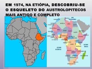EM  1974, NA ETIÓPIA , DESCOBRIU-SE O ESQUELETO DO  AUSTROLOPITECOS MAIS ANTIGO E COMPLETO 