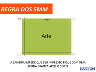 REGRA DOS 5MM
A SANGRIA IMPEDE QUE SEU IMPRESSO FIQUE COM UMA
BORDA BRANCA APÓS O CORTE
 