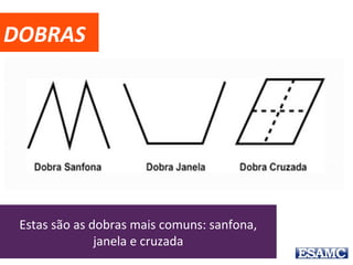 DOBRAS
Estas são as dobras mais comuns: sanfona,
janela e cruzada
 