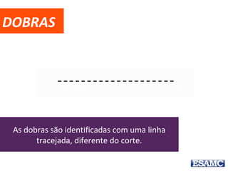 DOBRAS
As dobras são identificadas com uma linha
tracejada, diferente do corte.
 