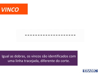 VINCO
Igual as dobras, os vincos são identificados com
uma linha tracejada, diferente do corte.
 