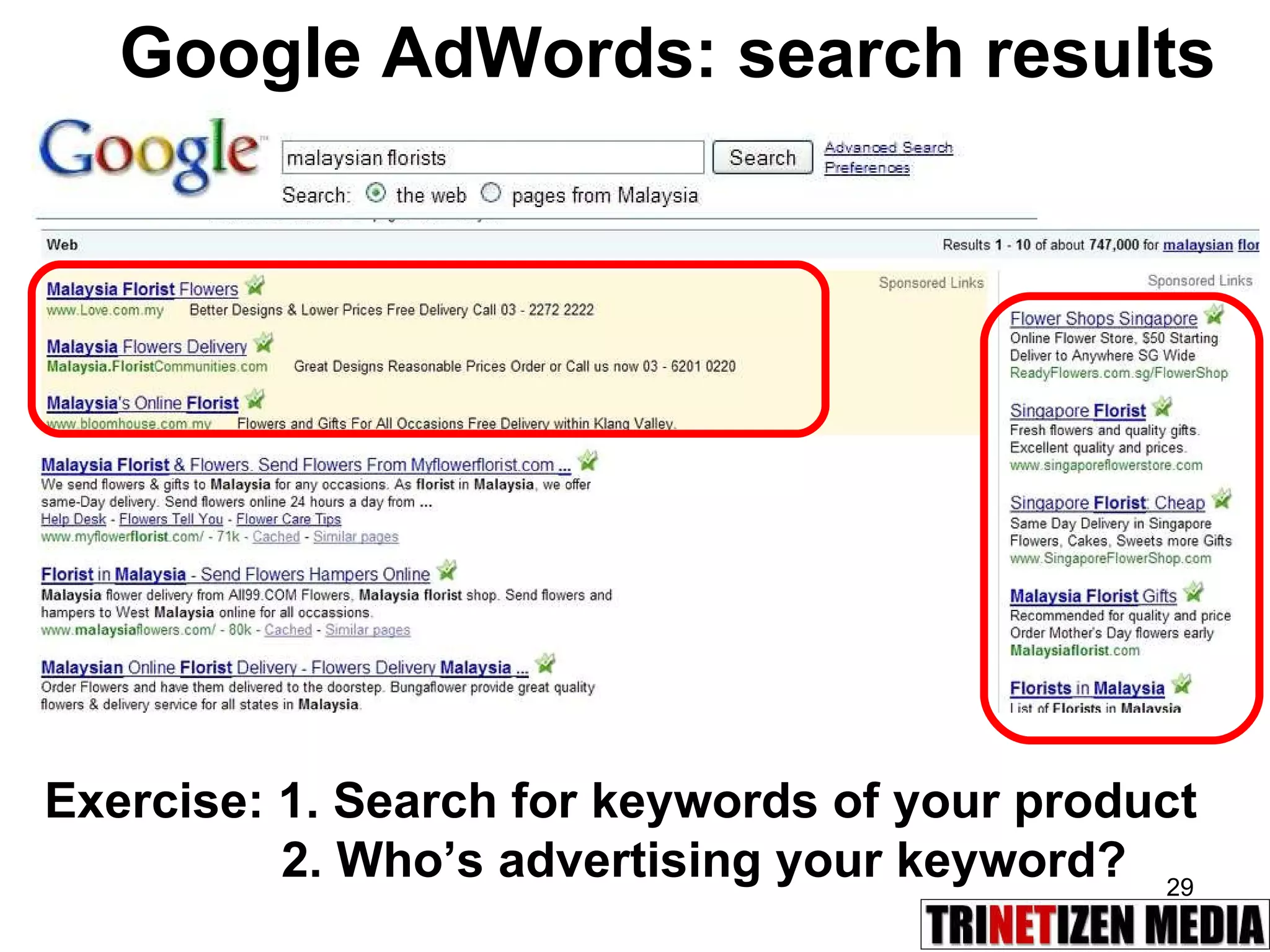 Google AdWords: search results Exercise: 1. Search for keywords of your product    2. Who’s advertising your keyword? 