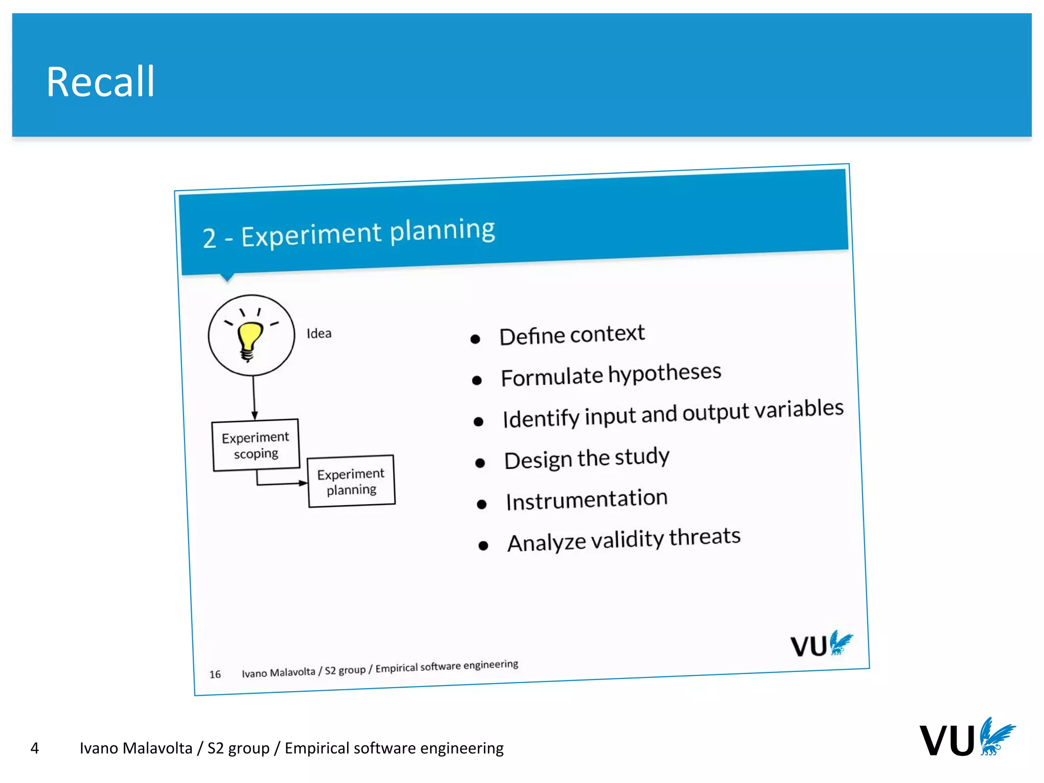 Vrije Universiteit Amsterdam
4 Ivano Malavolta / S2 group / Empirical software engineering
Recall
 