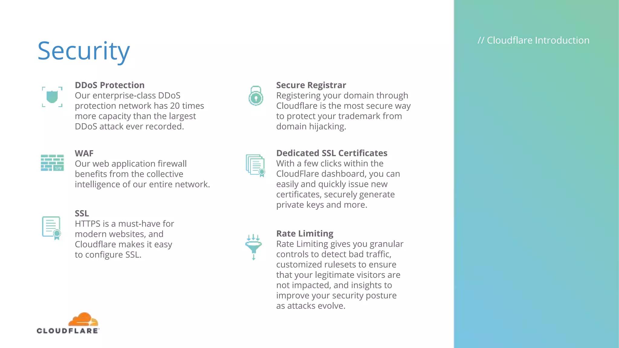 Security
// Cloudflare Introduction
DDoS Protection
Our enterprise-class DDoS
protection network has 20 times
more capacity than the largest
DDoS attack ever recorded.
WAF
Our web application firewall
benefits from the collective
intelligence of our entire network.
SSL
HTTPS is a must-have for
modern websites, and
Cloudflare makes it easy
to configure SSL.
Secure Registrar
Registering your domain through
Cloudflare is the most secure way
to protect your trademark from
domain hijacking.
Dedicated SSL Certificates
With a few clicks within the
CloudFlare dashboard, you can
easily and quickly issue new
certificates, securely generate
private keys and more.
Rate Limiting
Rate Limiting gives you granular
controls to detect bad traffic,
customized rulesets to ensure
that your legitimate visitors are
not impacted, and insights to
improve your security posture
as attacks evolve.
 