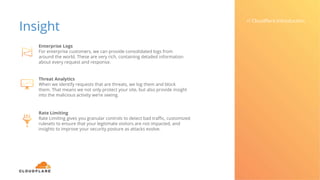 Insight
// Cloudflare Introduction
Enterprise Logs
For enterprise customers, we can provide consolidated logs from
around the world. These are very rich, containing detailed information
about every request and response.
Threat Analytics
When we identify requests that are threats, we log them and block
them. That means we not only protect your site, but also provide insight
into the malicious activity we’re seeing.
Rate Limiting
Rate Limiting gives you granular controls to detect bad traffic, customized
rulesets to ensure that your legitimate visitors are not impacted, and
insights to improve your security posture as attacks evolve.
 