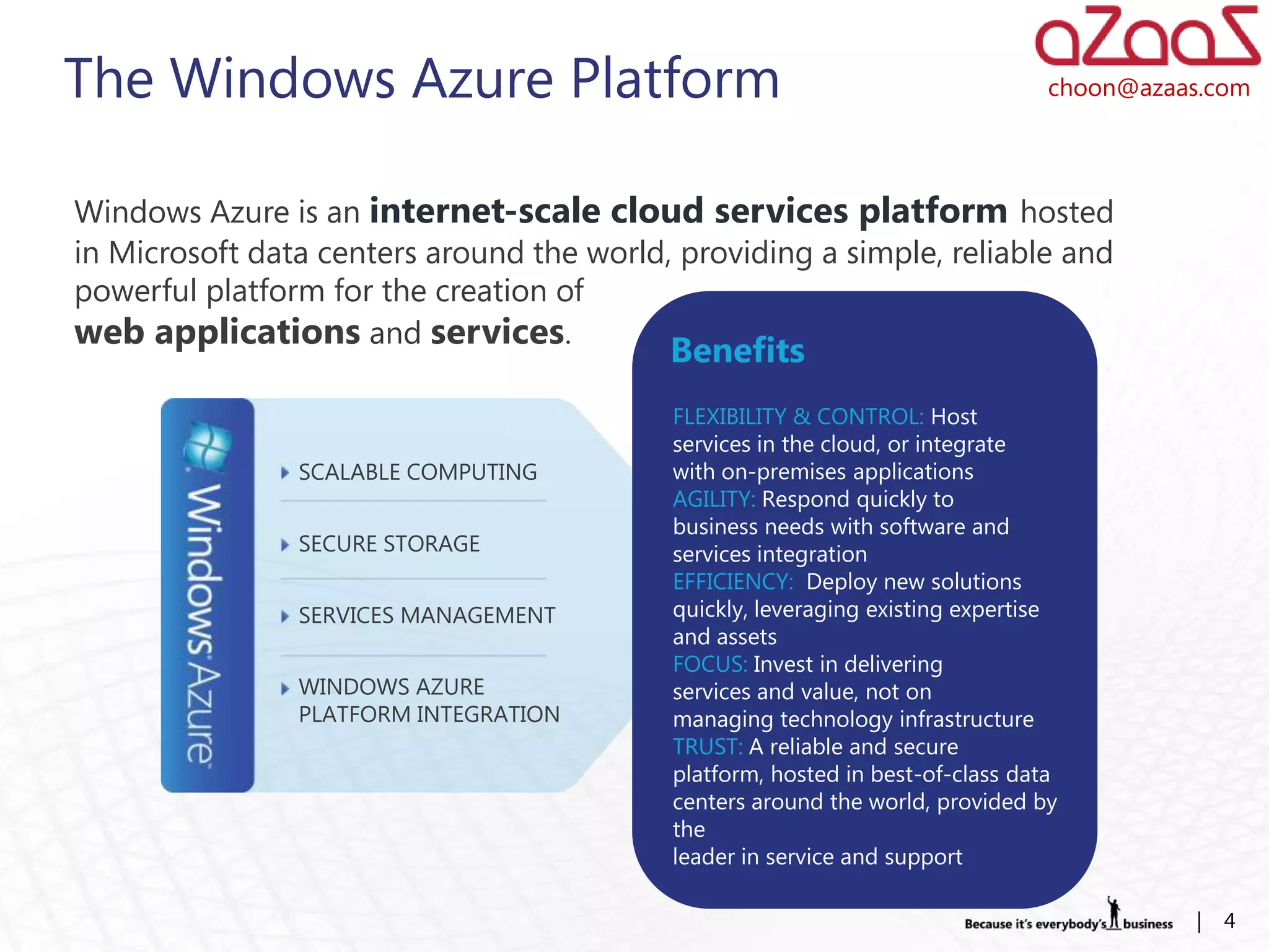 The Windows Azure Platform                                                      choon@azaas.com




Windows Azure is an internet-scale cloud services platform hosted
in Microsoft data centers around the world, providing a simple, reliable and
powerful platform for the creation of
web applications and services.
                                           Benefits
                                           FLEXIBILITY & CONTROL: Host
                                           services in the cloud, or integrate
                SCALABLE COMPUTING         with on-premises applications
                                           AGILITY: Respond quickly to
                                           business needs with software and
                SECURE STORAGE             services integration
                                           EFFICIENCY: Deploy new solutions
                SERVICES MANAGEMENT        quickly, leveraging existing expertise
                                           and assets
                                           FOCUS: Invest in delivering
                WINDOWS AZURE              services and value, not on
                PLATFORM INTEGRATION       managing technology infrastructure
                                           TRUST: A reliable and secure
                                           platform, hosted in best-of-class data
                                           centers around the world, provided by
                                           the
                                           leader in service and support

                                                                                          |   4
 