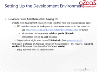 Setting Up the Development Environment
                                    choon@azaas.com




   Developers will find themselves having to:
      Update their development environment so that they have the required source code:
           TFS uses the concept of workspaces to map server resources to dev resources
                See http://www.woodwardweb.com/teamprise/000333.html for details
                Workspaces can be private, public or public (limited)
                Workspaces can be cloaked or active
           Organisations might want to use TFS sidekicks from www.attrice.info
      Fix bugs in a released or deployed version of the application – this requires a specific
       version of the source code instead of the latest version
           Easily achieved with TFS version control




                                                                                            |   14
 