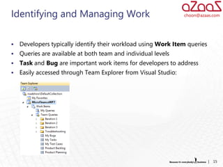 Identifying and Managing Work                                   choon@azaas.com




   Developers typically identify their workload using Work Item queries
   Queries are available at both team and individual levels
   Task and Bug are important work items for developers to address
   Easily accessed through Team Explorer from Visual Studio:




                                                                           |   15
 