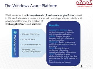 The Windows Azure Platform                                                      choon@azaas.com




Windows Azure is an internet-scale cloud services platform hosted
in Microsoft data centers around the world, providing a simple, reliable and
powerful platform for the creation of
web applications and services.
                                           Benefits
                                           FLEXIBILITY & CONTROL: Host
                                           services in the cloud, or integrate
                SCALABLE COMPUTING         with on-premises applications
                                           AGILITY: Respond quickly to
                                           business needs with software and
                SECURE STORAGE             services integration
                                           EFFICIENCY: Deploy new solutions
                SERVICES MANAGEMENT        quickly, leveraging existing expertise
                                           and assets
                                           FOCUS: Invest in delivering
                WINDOWS AZURE              services and value, not on
                PLATFORM INTEGRATION       managing technology infrastructure
                                           TRUST: A reliable and secure
                                           platform, hosted in best-of-class data
                                           centers around the world, provided by
                                           the
                                           leader in service and support

                                                                                          |   4
 