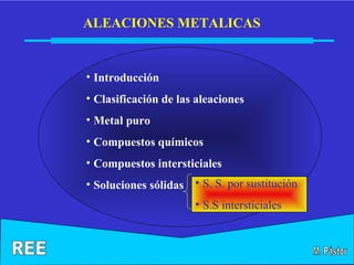 ALEACIONES METALICAS


• Introducción
• Clasificación de las aleaciones
• Metal puro
• Compuestos químicos
• Compuestos intersticiales
• Soluciones sólidas • S. S. por sustitución
                      • S.S intersticiales
 