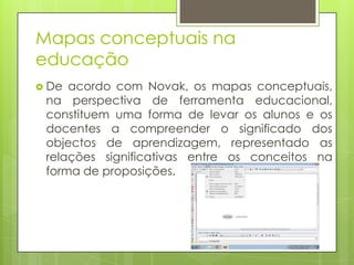 Mapas conceptuais na
educação
 De acordo com Novak, os mapas conceptuais,
na perspectiva de ferramenta educacional,
constituem uma forma de levar os alunos e os
docentes a compreender o significado dos
objectos de aprendizagem, representado as
relações significativas entre os conceitos na
forma de proposições.
 