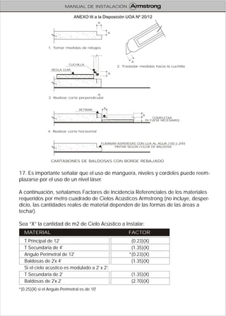 T Principal de 12'
T Secundaria de 4'
Angulo Perimetral de 12'
Baldosas de 2'x 4'
Si el cielo acústico es modulado a 2' x 2':
T Secundaria de 2'
Baldosas de 2'x 2'
*(0.25)(X) si el Angulo Perimetral es de 10'
MATERIAL FACTOR
(0.23)(X)
(1.35)(X)
*(0.23)(X)
(1.35)(X)
(1.35)(X)
(2.70)(X)
17. Es importante señalar que el uso de manguera, niveles y cordeles puede reem-
plazarse por el uso de un nivel láser.
A continuación, señalamos Factores de Incidencia Referenciales de los materiales
requeridos por metro cuadrado de Cielos Acústicos Armstrong (no incluye, desper-
dicio, las cantidades reales de material dependen de las formas de las áreas a
techar).
Sea “X” la cantidad de m2 de Cielo Acústico a Instalar:
CARTABONES DE BALDOSAS CON BORDE REBAJADO
ELIMINAR ASPERESAS CON LIJA AL AGUA (100 ó 200)
PINTAR SEGÚN COLOR DE BALDOSA
1. Tomar medidas de rebajes
2. Trasladar medidas hacia la cuchilla
3. Realizar corte perpendicular
4. Realizar corte horizontal
RETIRAR
A
A
COMPLETAR
(SI FUESE NECESARIO)
CUCHILLA
A
A
REGLA GUIA
A
A
A
MANUAL DE INSTALACIÓN
ANEXO III a la Disposición UOA Nº 20/12
 